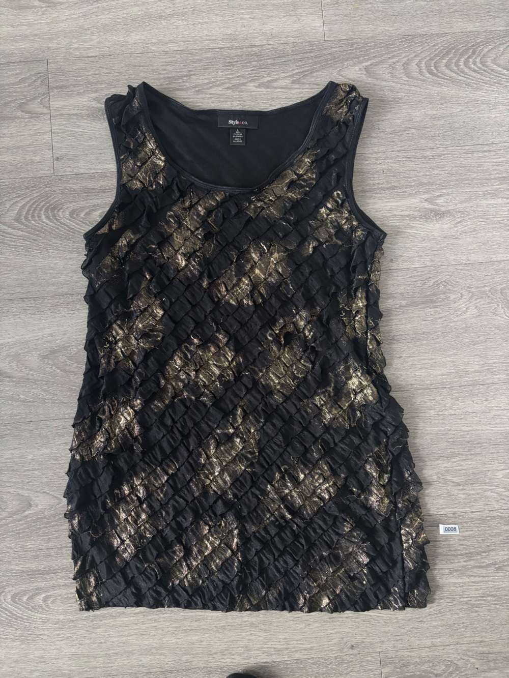 INC International Concepts Black Ruffle Mini Dress with Gold Metallic Accents